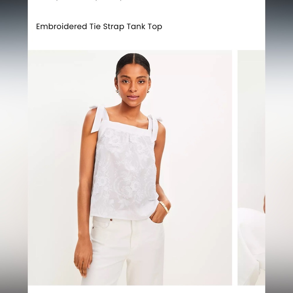 LOFT White Embroidered Tie Strap Tank Top